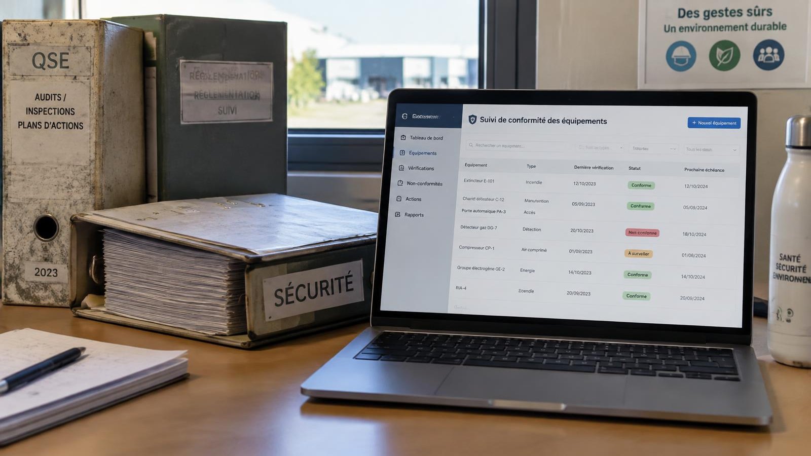 Bureau QSE : classeurs de sécurité papier à gauche, registre de sécurité électronique affiché sur un ordinateur portable à droite