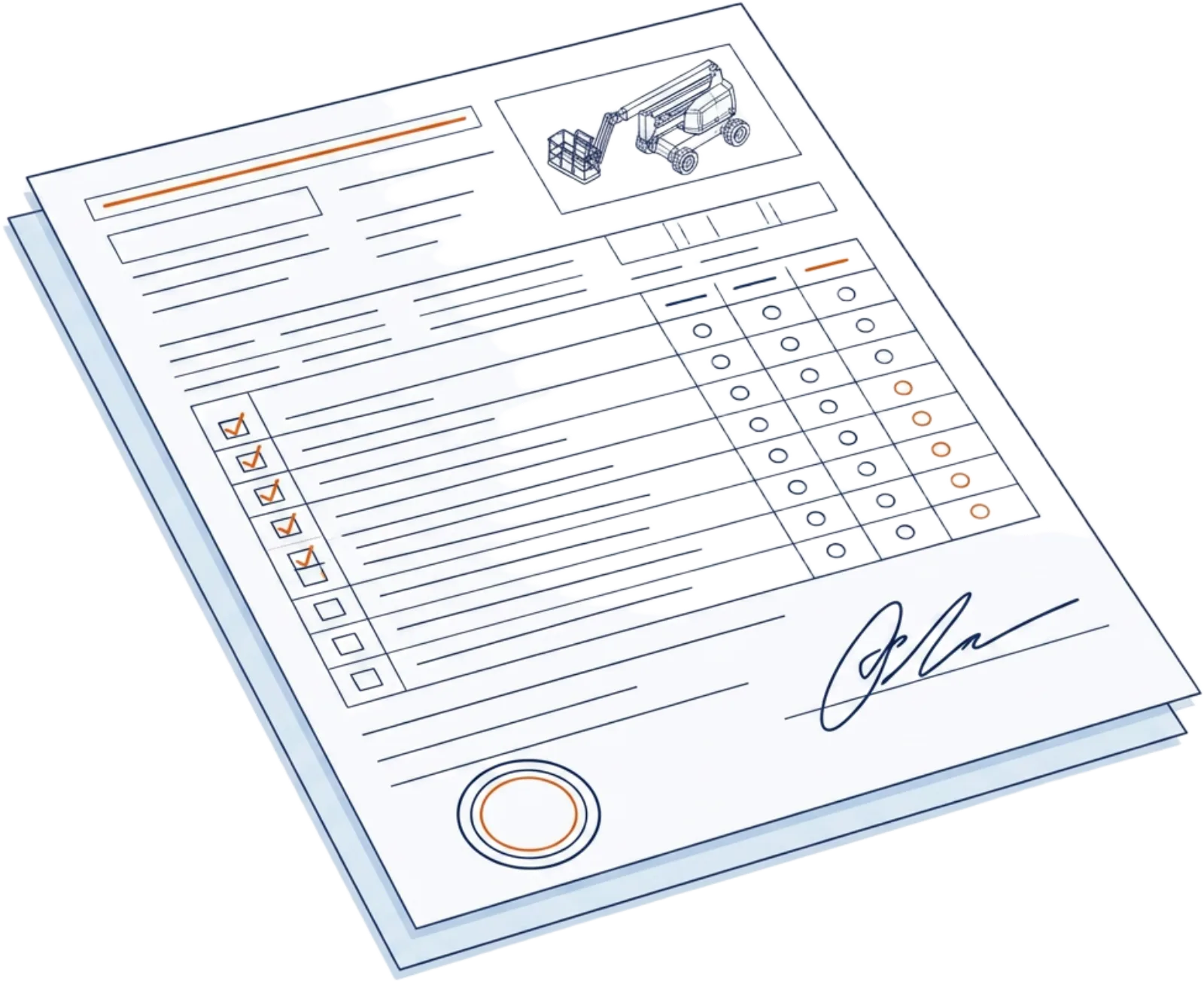 Illustration isométrique d'un rapport de vérification générale périodique signé et tamponné